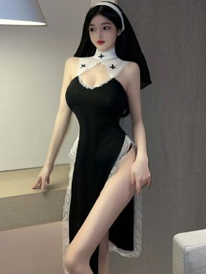 Cosplay Lingerie Sexy Nun Costume Naughty High Slit Dress Up